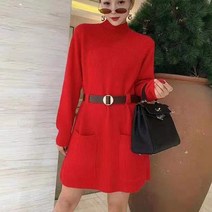 SJW 여성 미니 니트원피스 가을겨울 반폴라 무지 벨티드 포켓 골지 스웨터 데일리