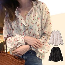 퍼프블라우스 플라워블라우스 봄가을 러블리 노카라블라우스 쉬폰 꽃무늬 블라우스