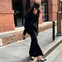 가을 겨울 브이넥니트투피스 하객룩 와이드 롱스커트 캐주얼 SET