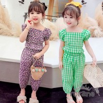 사각넥 체크 플라워 상하세트 퍼프 크롭티 몸빼바지 세트 여름 고쟁이 편한 몸빼 밴딩 바지 크롭티 세트 여름상하복 여아 유아 아동 등원복