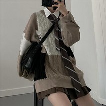 하이틴룩 하객룩투피스 놀이공원 코디 Deeptown- 스타일 오버사이즈 블루 스웨터 여성 프레피 스쿨걸 풀오버 카키 니트 점퍼 패치 워크 하라주쿠 상의