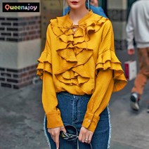 퀸앤조이 꽃잎 프릴 리본끈 블라우스