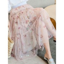 쉬폰롱스커트 여성롱스커트 메쉬 a라인 봄 여름 핑크 하이웨이스트 플로럴 밴딩