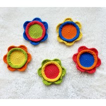 뜨개 털실 컬러플 꽃 6꽃잎 홈카페 캠핑 감성 선물용 컵받침 티매트 티코스터 홀더 소품수납 플레이트, 블루