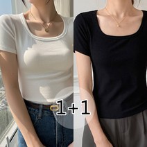 1+1 여성 스퀘어넥 심플 반팔티셔츠 슬림소녀 Women