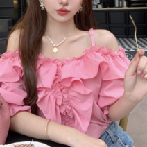 [세인트이브] T5016 오프숄더 프릴 레이스 블라우스 끈 블라우스