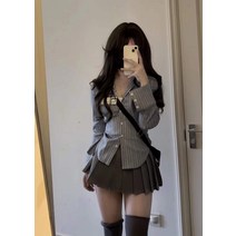 리치 잠버릇 아메리칸 스쿨룩 스파이시걸 스트라이프 셔츠 조임 날씬해 보이는 긴팔 상의 플리츠 스커트