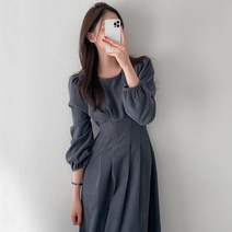 블랙 베이지 그린 핀턱 퍼프 소매 롱 원피스 a라인 스커트 결혼식 하객 상견례 오피스룩 추석 코디 패션