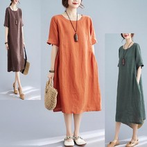 박시 린넨 롱 50대 면 마 라운드 반팔 이지 홈 웨어 박스 원피스 드레스 여름 쿨 데일리 루즈 오버 핏 30대 시원한 여성 여자 40대 편한 베이직 가벼운 빅 사이즈 러블리