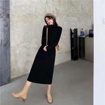 DFMEI 짧은 봄 한국 스타일 긴 니트 드레스 여성 하프 터틀넥 슬림 스웨터 스커트 유행