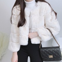 절개 노카라 라운드넥 무스탕 크롭 숏 페이크 퍼 자켓