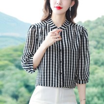 누에 느낌 고급스러운 느낌의 블랙 앤 화이트 체크 칠부 소매 쉬폰 셔츠 여 여름 시크 경숙에의습