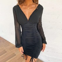 짧은 원피스 여성 clubwear bodycon 메쉬 드레스 슬림 긴 소매 깊은 v넥 파티 연필 3443955309