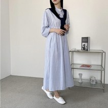 다잇템 [다잇템] 여자 셔츠핏 롱슬리브 면원단 단가라 헨리넥 롱원피스