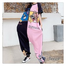 티피 여성 여름 반팔 귀여운 카툰 루즈핏 캐주얼 빅사이즈 배기 점프슈트