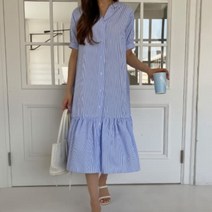 [바보사랑] 여성 스트라이프 프릴 반팔 롱 원피스 드레스