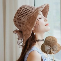 에이치플러스몰 은창)로맨틱 새틴 리본 밀짚 모자 선캡 왕골 여름