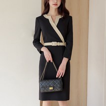 넷투넷코리아 여성 브이넥 H라인 미디원피스 배색 슬림핏 하객룩