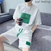 just feel!ng 남성 여름 빅사이즈 라운드넥 반팔 티셔츠 5부 팬츠 캐주얼 상하의 세트