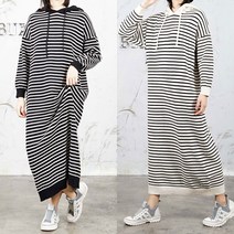 벅시루 여성 가로스트라이프 니트 후드 롱원피스 H라인