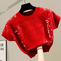 반짝이니트 스팽글 펄니트 업 디자인 반팔 라운드 넥 풀오버 슬림 짧은 울 니트 여성 서양식 다목적 탑