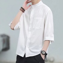 여름 스탠드 칼라 셔츠 남성용 면과 린넨 7부 셔츠 일본식 느슨한 남성용 반팔 트렌드 캐주얼