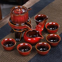 인성 중국 토끼털 무늬 자동식 다도세트 2개 티팟 6개 찻잔 다도세트 다기 선물 세트, 붉은색