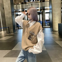 브이넥니트조끼 여성 겨울 가을 상패 체인 작은 표지 와이드 루즈핏 겉옷 런닝 2989108792