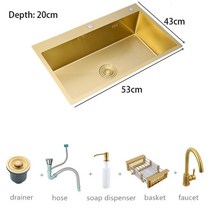 싱크대 개수대 인테리어 세면대 brushed gold kichen sink 304 스테인레스 스틸 싱글 그릇 위 카운터 또는 udermount 싱크 주방 두께 주방 싱크 6, 53x43cm, 3-협력사