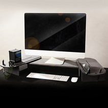 런메이크 트리플 모니터받침대-원목 듀얼 거치대 선반 수납 각도조절, 블랙