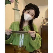 라운드 크롭 니트 가디건 루즈핏 자수 숏 여성 펀칭 수입 그린 빅사이즈 연두색 리본 SY