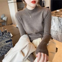 Mao여성 니트 셔츠 새로운 블랙 하프 터틀넥 셔츠 가을 겨울 한국어 스타일 서양식 긴 소매 내부 슬림 탑