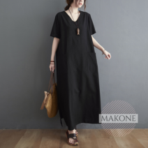 Makone 상표등록 뚱뚱한 사람들을위한 드레스 외국 스타일 여름 레트로 코튼과 대마 큰 크기 여성의 긴 느슨한 V-넥 짧은 소매 드레스