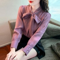 리본 블라우스 타이 스카프 브이넥 쉬폰 레이스 셔츠 여성 봄 루즈핏 오피스
