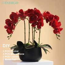 화병 도자기 유리 돌 흰색 나방 난초 DIY 꽃꽂이 (5PCS 4PCS 이끼 잎 + 냄비) 나비 꽃 장식 중심 인디고, 08 1 SET DIY