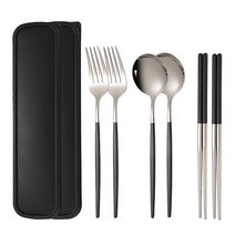 RUN Home 폴란드 휴대용 수저 세트 명품 스텐 골드 실버 젓가락 + 포크 + 숟가락 + 케이스 4p 1인 2인, 은 블랙