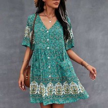 여름 원피스 하객 여성 룩 여자 보헤미안 인쇄 Sundress ZANZEA V 목 미니 드레스 짧은 소매 꽃 Kaftan 숙녀 휴일 단추