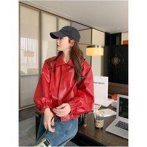가이아 레드 색상 빨강 가죽 재킷 여자 사계절 세미 크롭 레더 자켓_5002