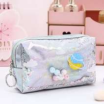 레인보우프렌즈 필통 Kawaii Large Glitter Star Pencil Case Laser Leather Pen Box Big Makeup Bag for Girls Gift, Gray-Large