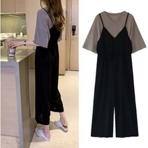 8부 멜빵바지 티셔츠 세트 여름 여성 팬츠 여자 점프수트 7부 8부 배기 와이드 점프슈트