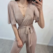 밴딩 반팔 허리끈 랩 와이드 점프수트
