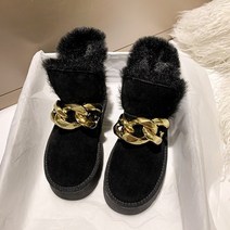 여성 롱부츠 체인 겨울 봉제 따뜻한 스노우 캐주얼 신발 스웨이드 모피 첼시 발목 플랫 플랫폼 신발