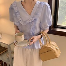 ROGBID 화이트 셔츠 여자 봄 디자인 센스 스몰 오버핏 숏 시크 탑 인형넥 퍼프소매 셔츠 패션