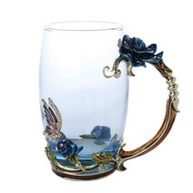 에나멜 커피 티 컵 머그잔 3d 로즈 나비 유리 컵 결혼 선물 꽃 티 컵 고급 유리 drinkware 커플 머그잔 re, sp 없이 블루 롱