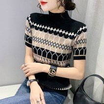 스타일아유 여성 다이아 아가일 루즈핏 체크 반폴라 반팔 니트 봄 가을 이너 티셔츠