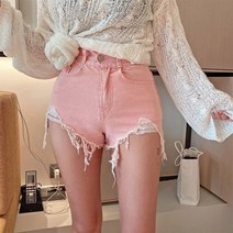 봄 가을 핫핑크 스웨터 풀오버 니트 반바지 이른 아름다운 작은 분홍색 빈티지 높은 허리 술 찢어진 가장자리 구멍 데님 꽉 핫 바지