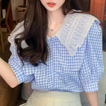 [아방핏/하객룩] 소녀감성 여성 Lovely~ 벌룬 반팔 체크 프릴 빅카라 블라우스 ( 2color)