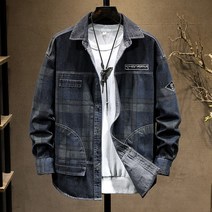 도오빠 타린스 남성 체크 청자켓 데님 자켓 점퍼 오버핏 루즈핏 카라넥 격자 무늬 포켓 프리사이즈 봄 가을 남자청자켓 아우터