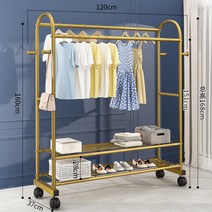 골드행거 옷가게행거 매장용 철제 옷 튼튼한 고정식 행거 금속인테리어 드레스룸, 120cm강화폴[스토리지네트+휠]골드