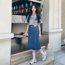 트임 데님스커트 여성 2022 여름 스타일리쉬 미디스커트 A라인 힙랩